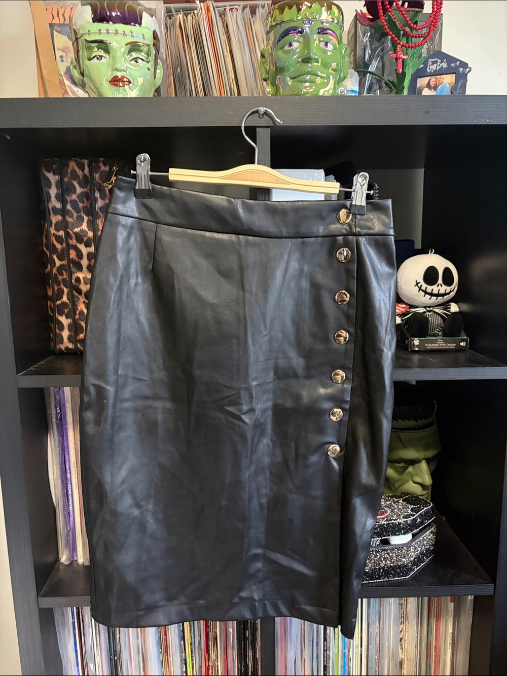 I.N.C. Black Faux Leather Button-Accent Pencil Skirt
